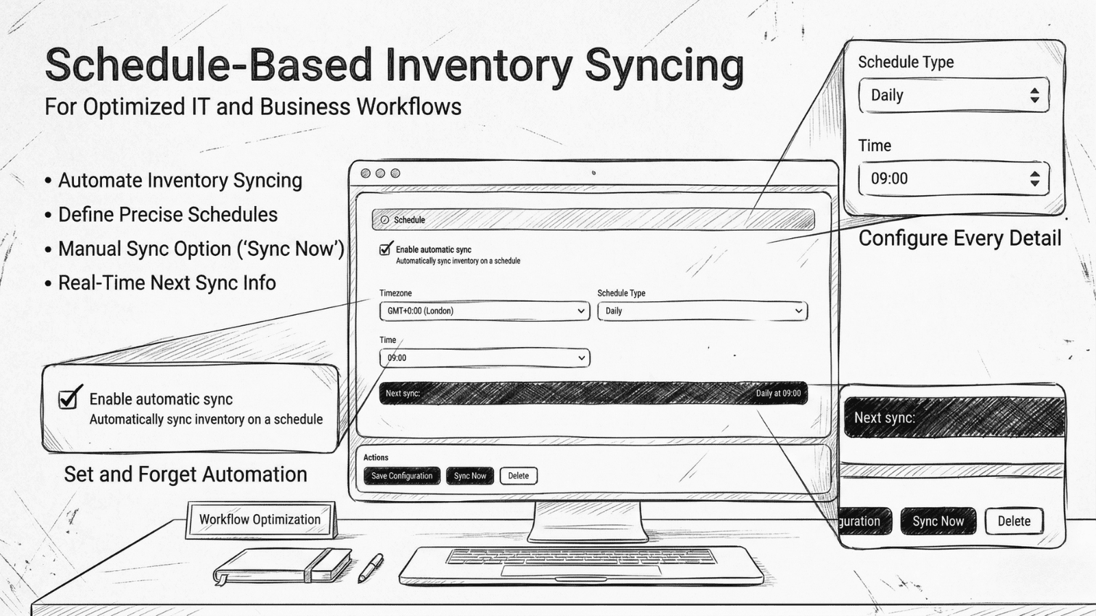 Schedule-based inventory syncing with daily schedule, manual Sync Now option and next-sync indicator.